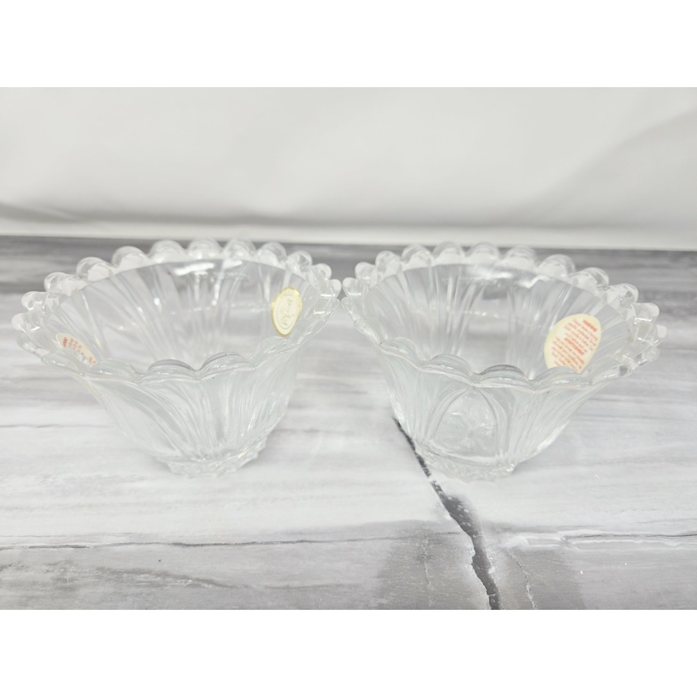 KIG Indonesia Clear Glass Custard Bowl Embossed Scallop Rim‎ Tulip Shaped Lot 2